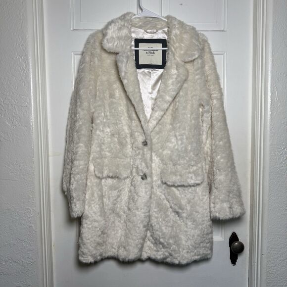 Abercrombie & Fitch Women’s White Faux Fur Coat Size Medium Longline Jacket - Picture 1 of 9